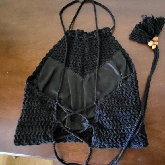 Oliveacious Black Macrame Fringe Skirt and Matching Crop Top size Small - Picture 7 of 8